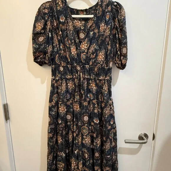 Ulla Johnson Navy Brown Floral Puff Sleeve Midi Dress - Picture 9 of 10